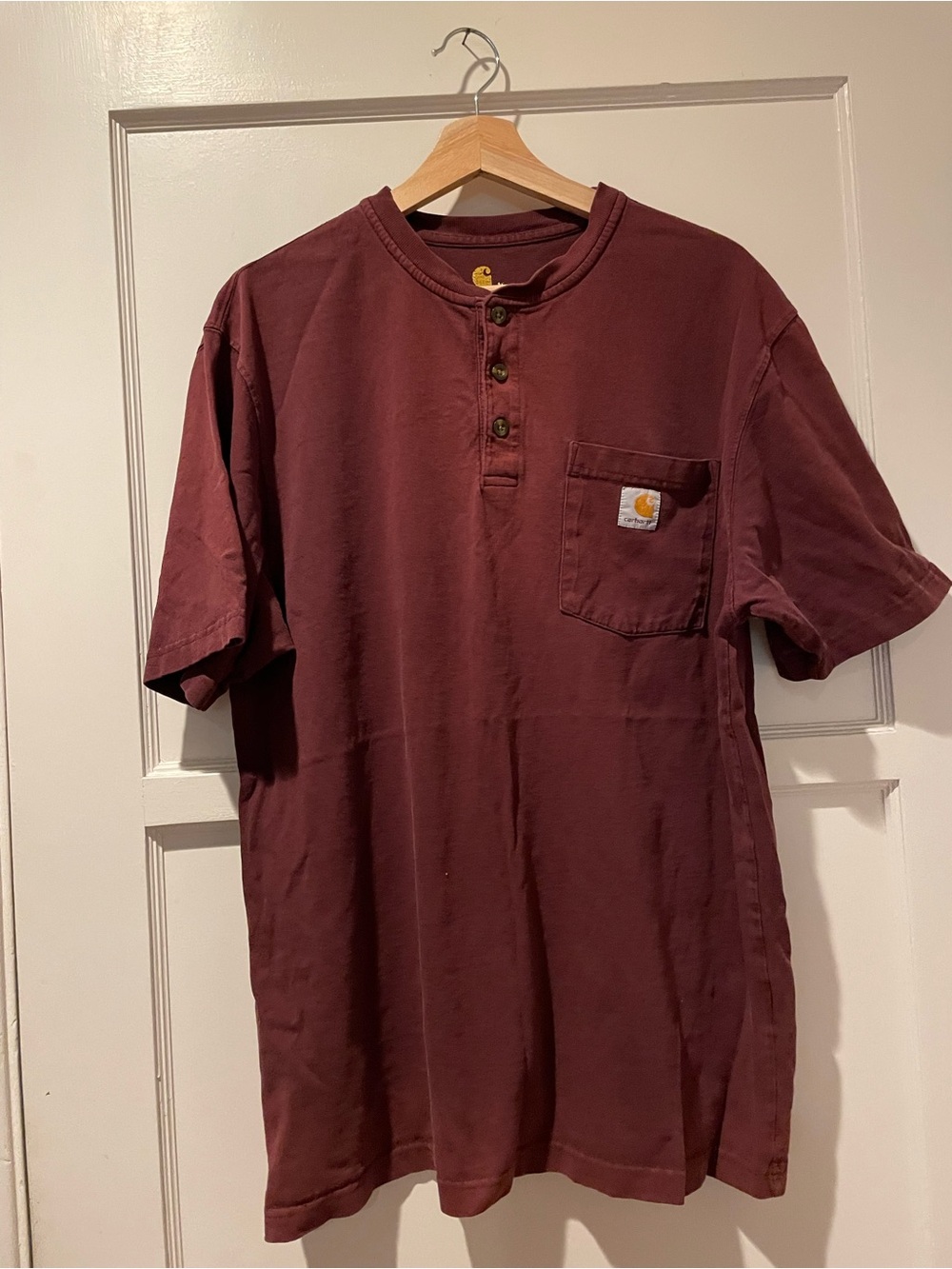 Carhartt Men’s Short-Sleeve Henley Pocket T-Shirt in Maroon Medium